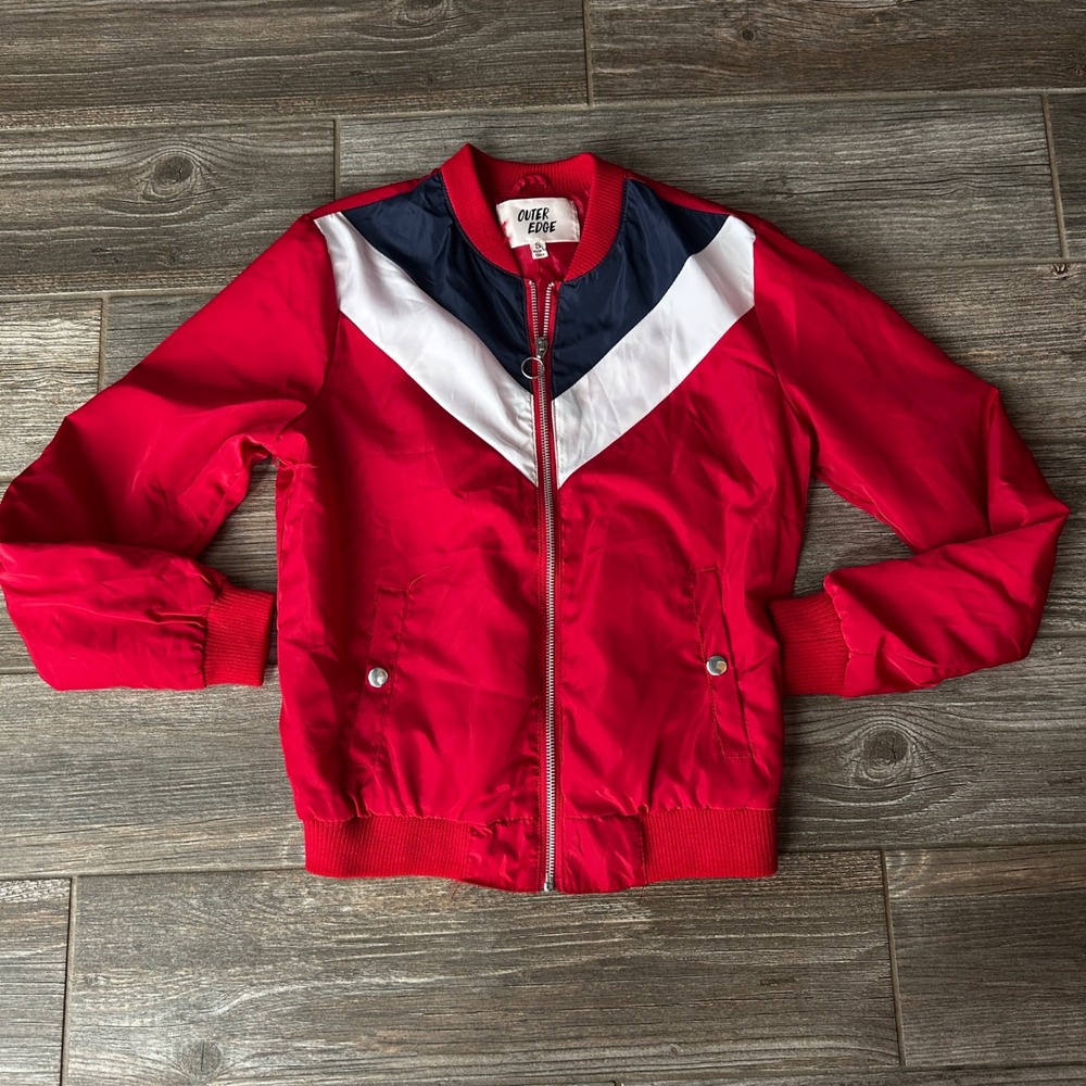Outer Edge Red White Navy Blue‎ Chevron Bomber Jacket Women's Size S